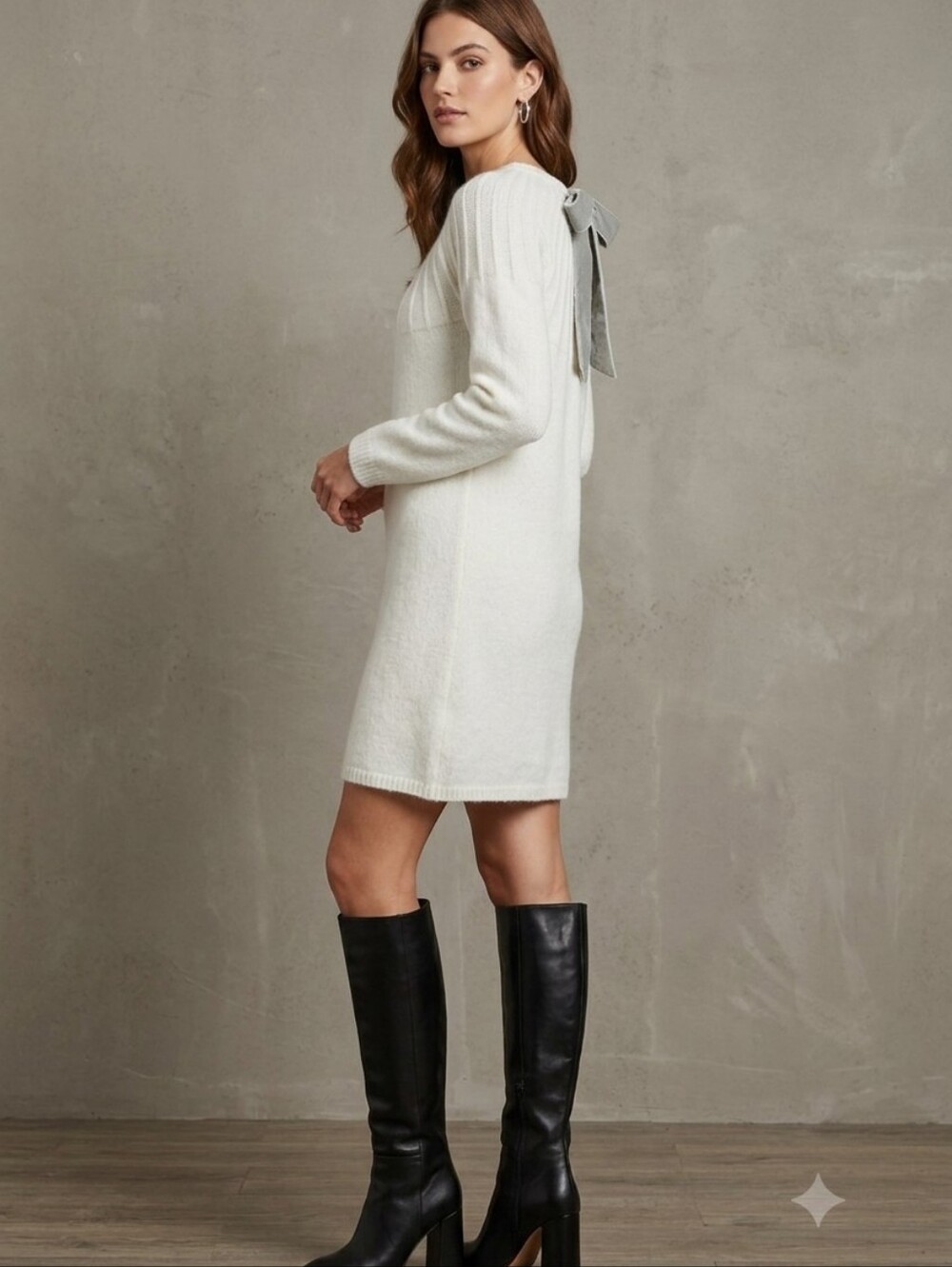 Blue Rain Cream Sweater Dress with Ribbon Accent